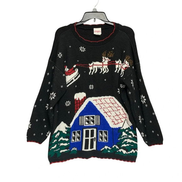Holiday Time Christmas black sweater size large Santa/reindeer - Picture 1 of 6